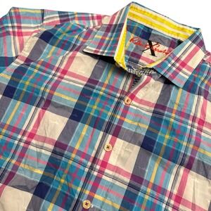 Robert Graham Mens L Tailored Fit Short Sleeve Button Down Plaid Shark Print